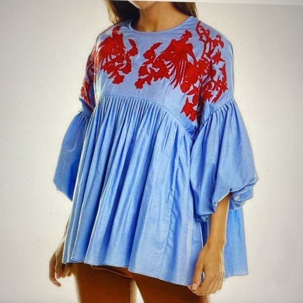 Hemant & Nandita Anthropologie Boho Embroidered Babydoll Tunic Top S